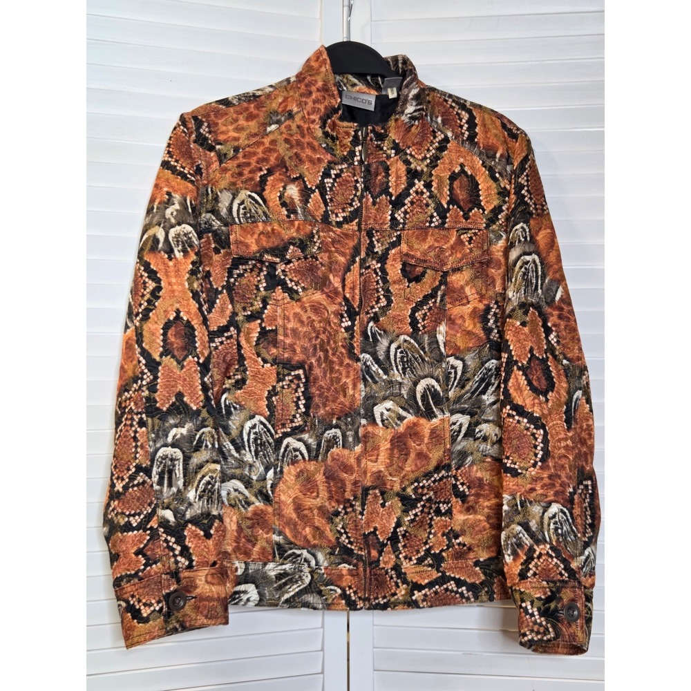 Chico's Animal Print Tapestry Jacket Size 2 Large Rust Metallic Zip Front Boho